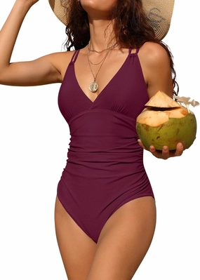 Charmo Tummy Control One Piece Swimsuits for Women Ruched Bathing Suits Strappy V Neck Monokini