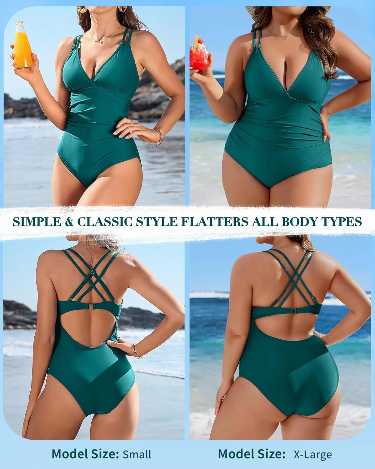 Charmo Tummy Control One Piece Swimsuits for Women Ruched Bathing Suits Strappy V Neck Monokini