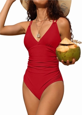 Charmo Tummy Control One Piece Swimsuits for Women Ruched Bathing Suits Strappy V Neck Monokini
