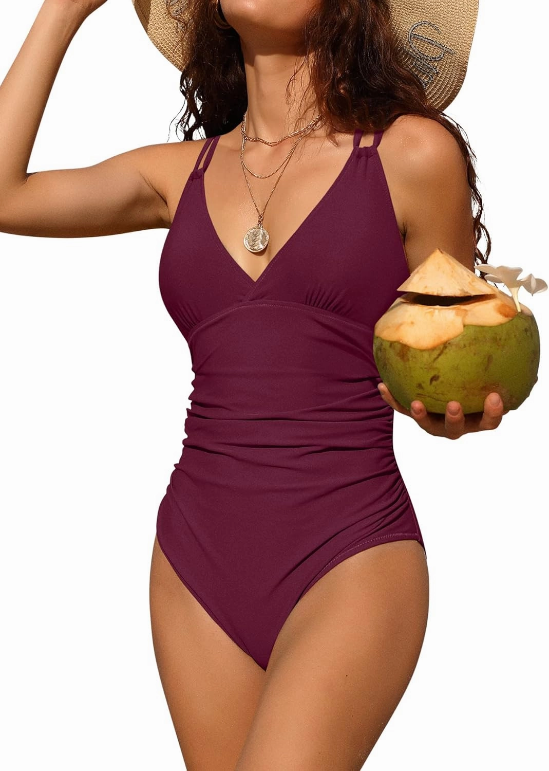 Charmo Tummy Control One Piece Swimsuits for Women Ruched Bathing Suits Strappy V Neck Monokini