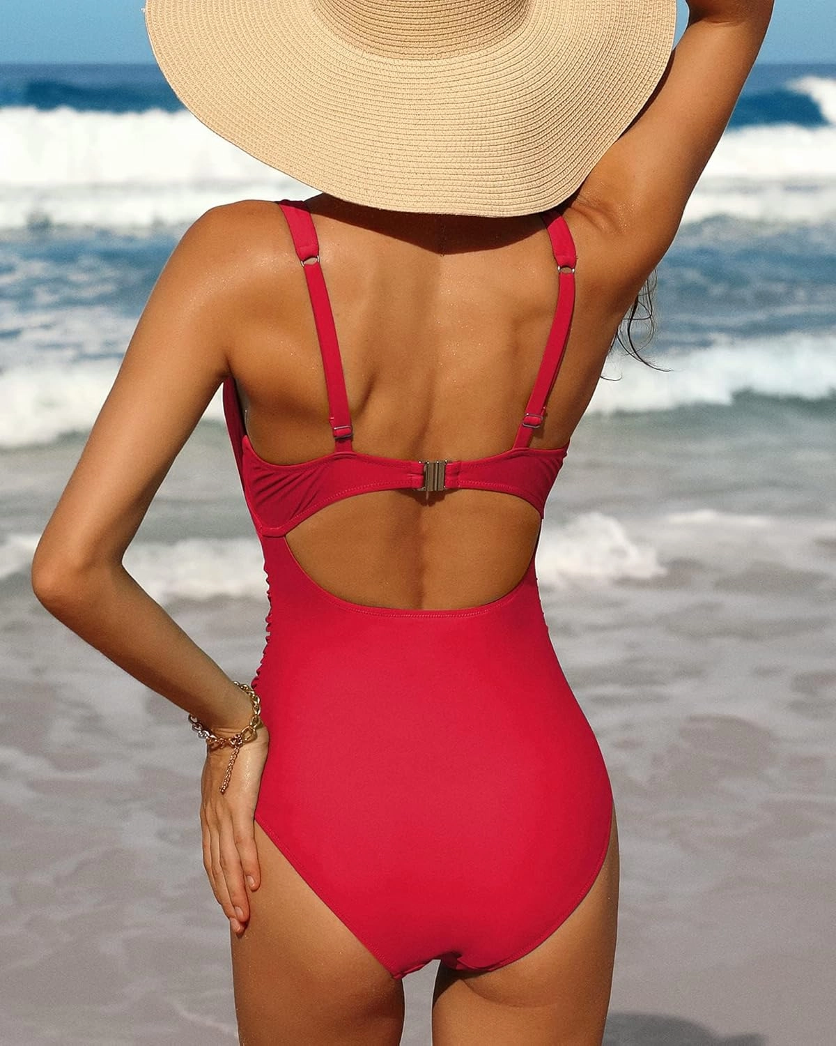 Charmo Womens One Piece Swimsuit Ruched Tummy Control High Cut Backless V Neck Bathing Suits Swimwear