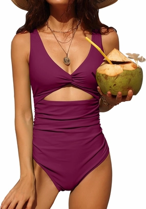 Charmo Womens One Piece Swimsuit Ruched Tummy Control High Cut Backless V Neck Bathing Suits Swimwear