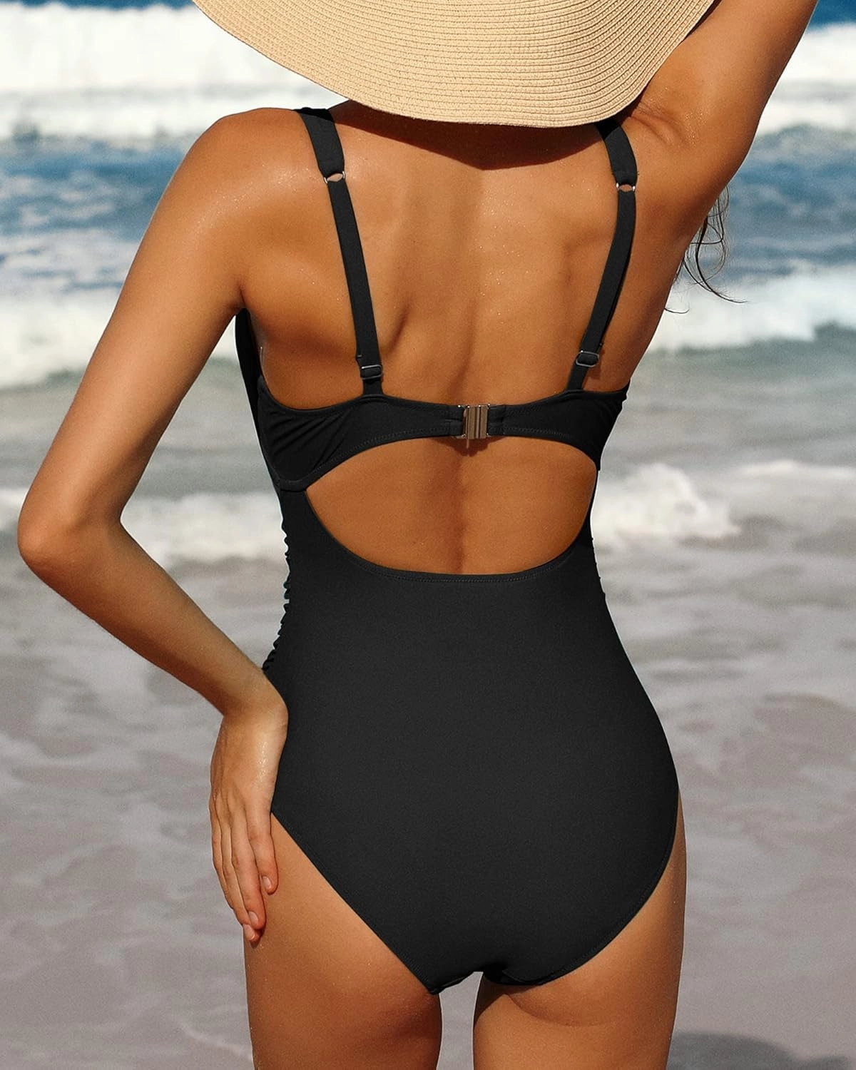 Charmo Womens One Piece Swimsuit Ruched Tummy Control High Cut Backless V Neck Bathing Suits Swimwear