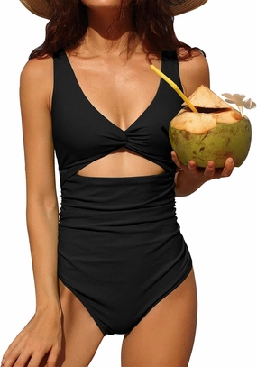 Charmo Womens One Piece Swimsuit Ruched Tummy Control High Cut Backless V Neck Bathing Suits Swimwear