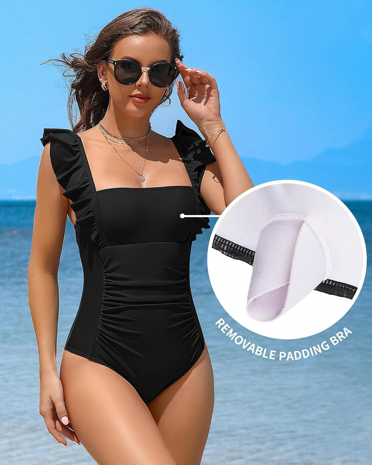 Charmo Womens Ruffle One Piece Bathing Suit Ruched Tummy Control Swimsuit Backless Monokini Swimwear