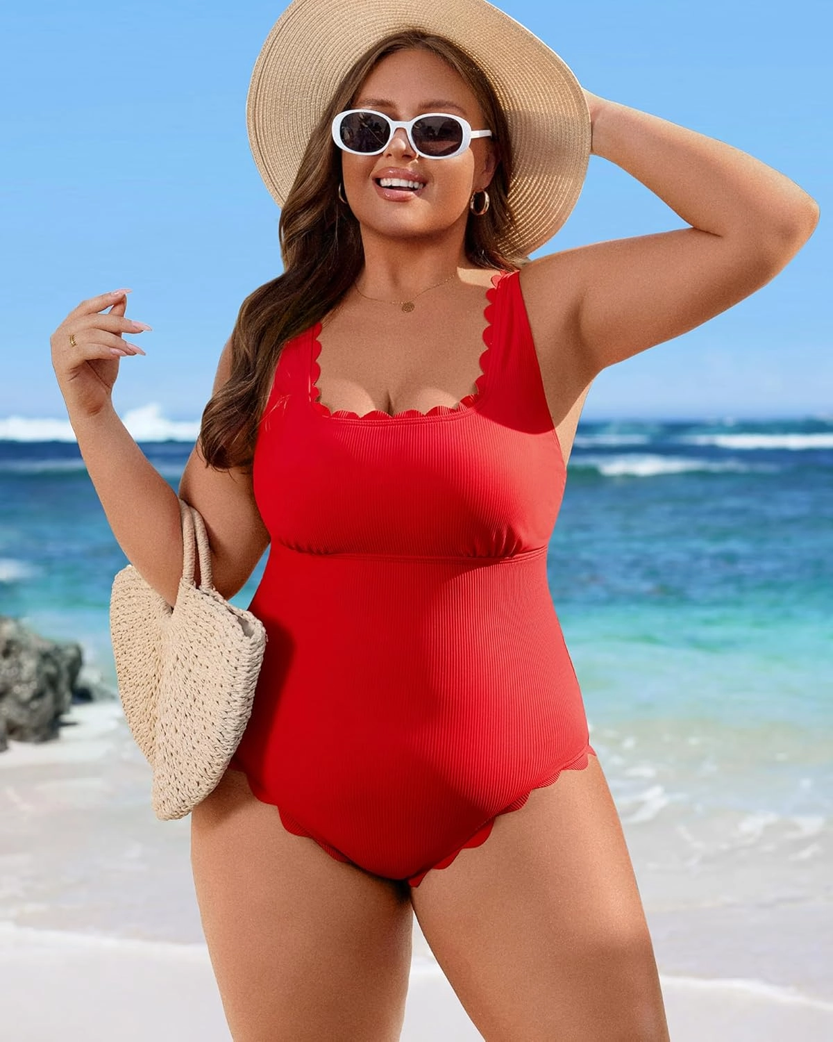 Charmo Womens Scalloped Ribbed One Piece Swimsuits Retro Square Neck Modest Bathing Suits