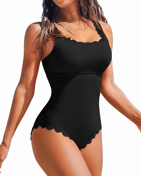Charmo Womens Scalloped Ribbed One Piece Swimsuits Retro Square Neck Modest Bathing Suits
