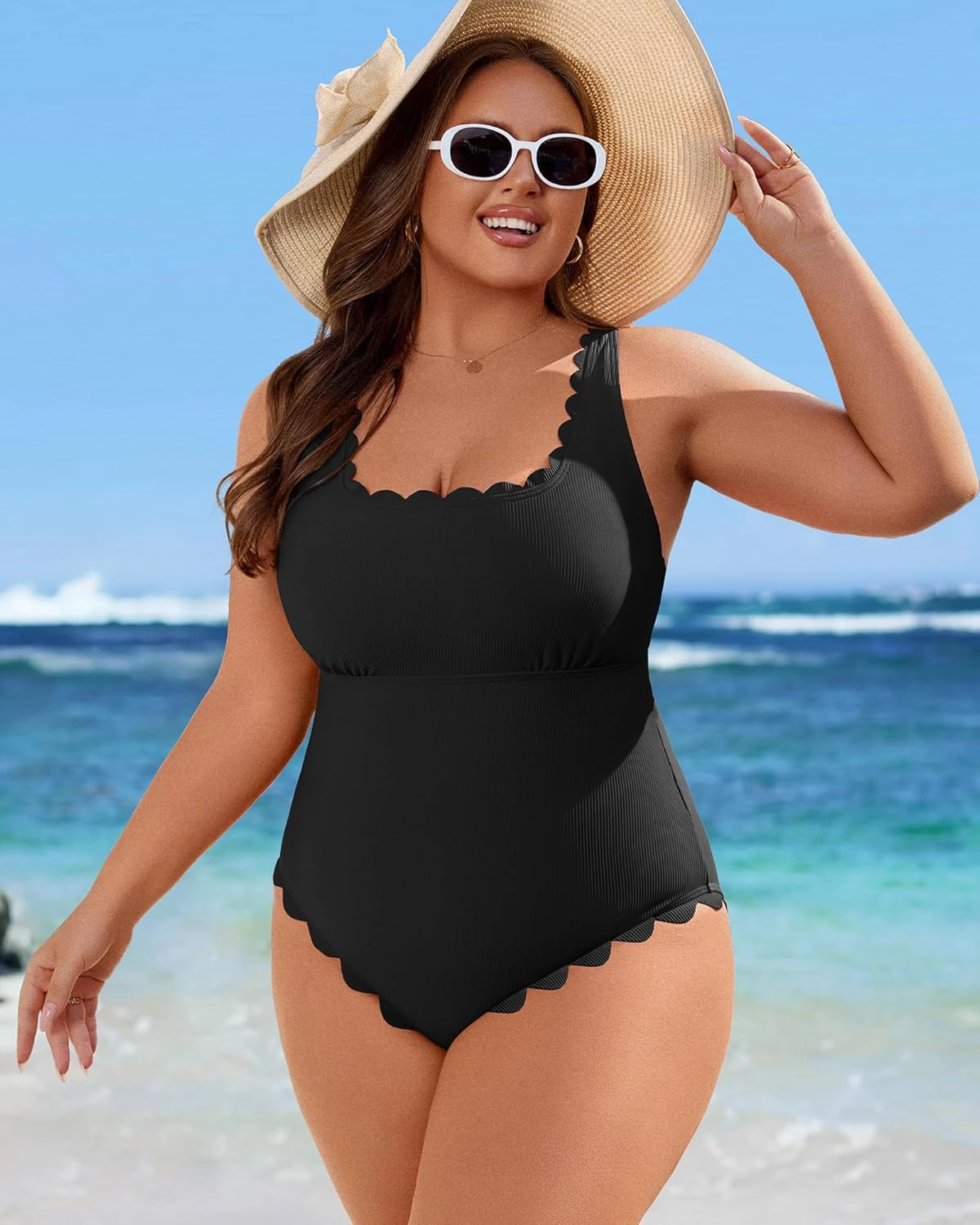 Charmo Womens Scalloped Ribbed One Piece Swimsuits Retro Square Neck Modest Bathing Suits