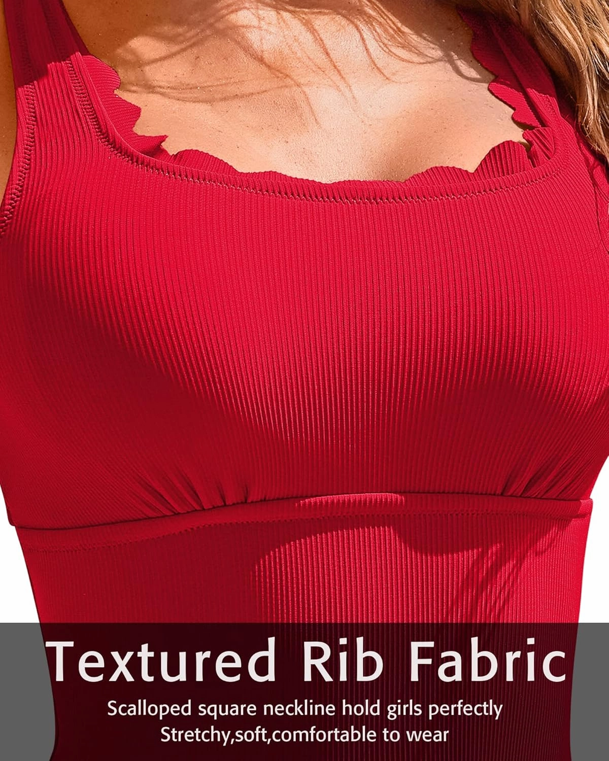 Charmo Womens Scalloped Ribbed One Piece Swimsuits Retro Square Neck Modest Bathing Suits