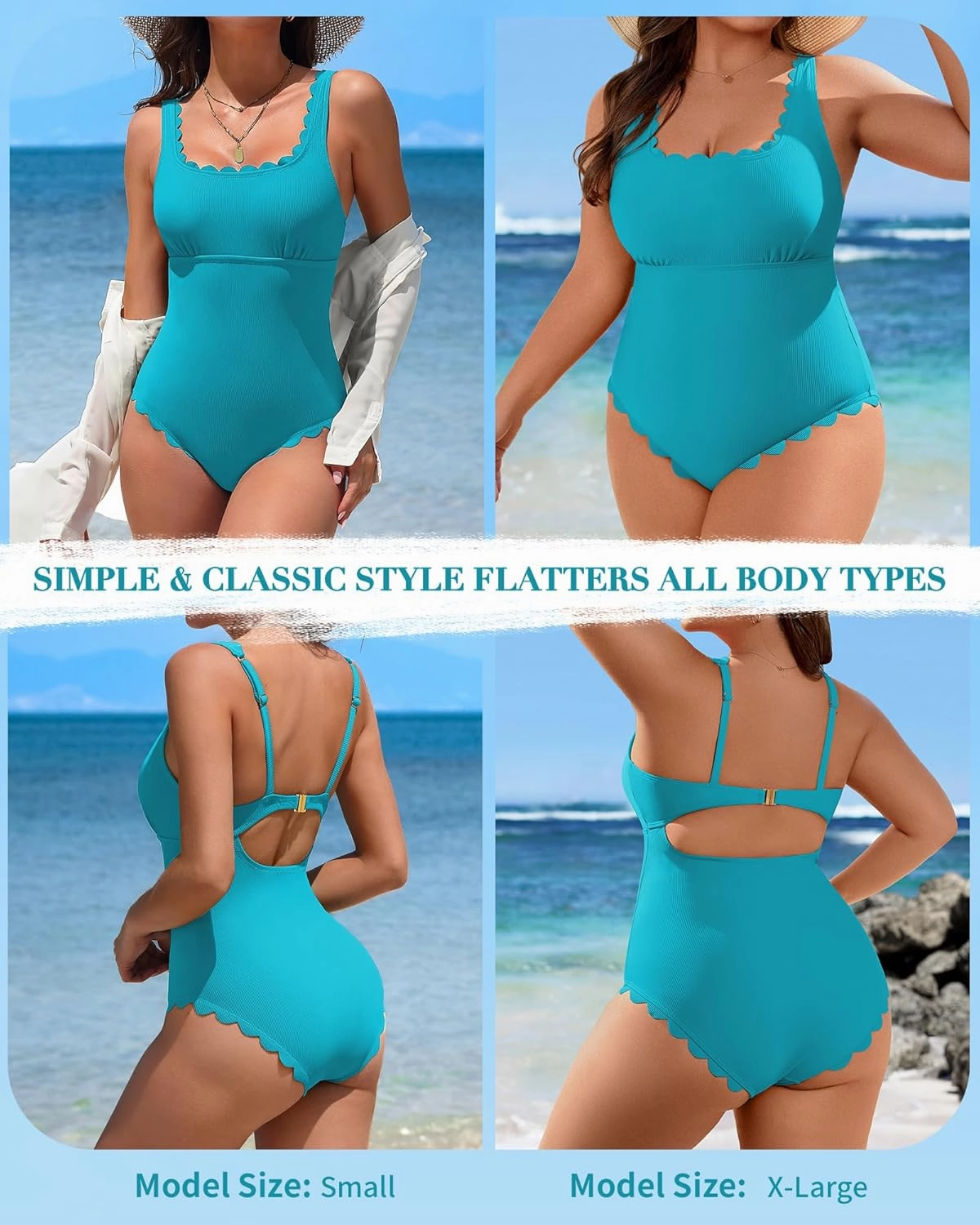 Charmo Womens Scalloped Ribbed One Piece Swimsuits Retro Square Neck Modest Bathing Suits