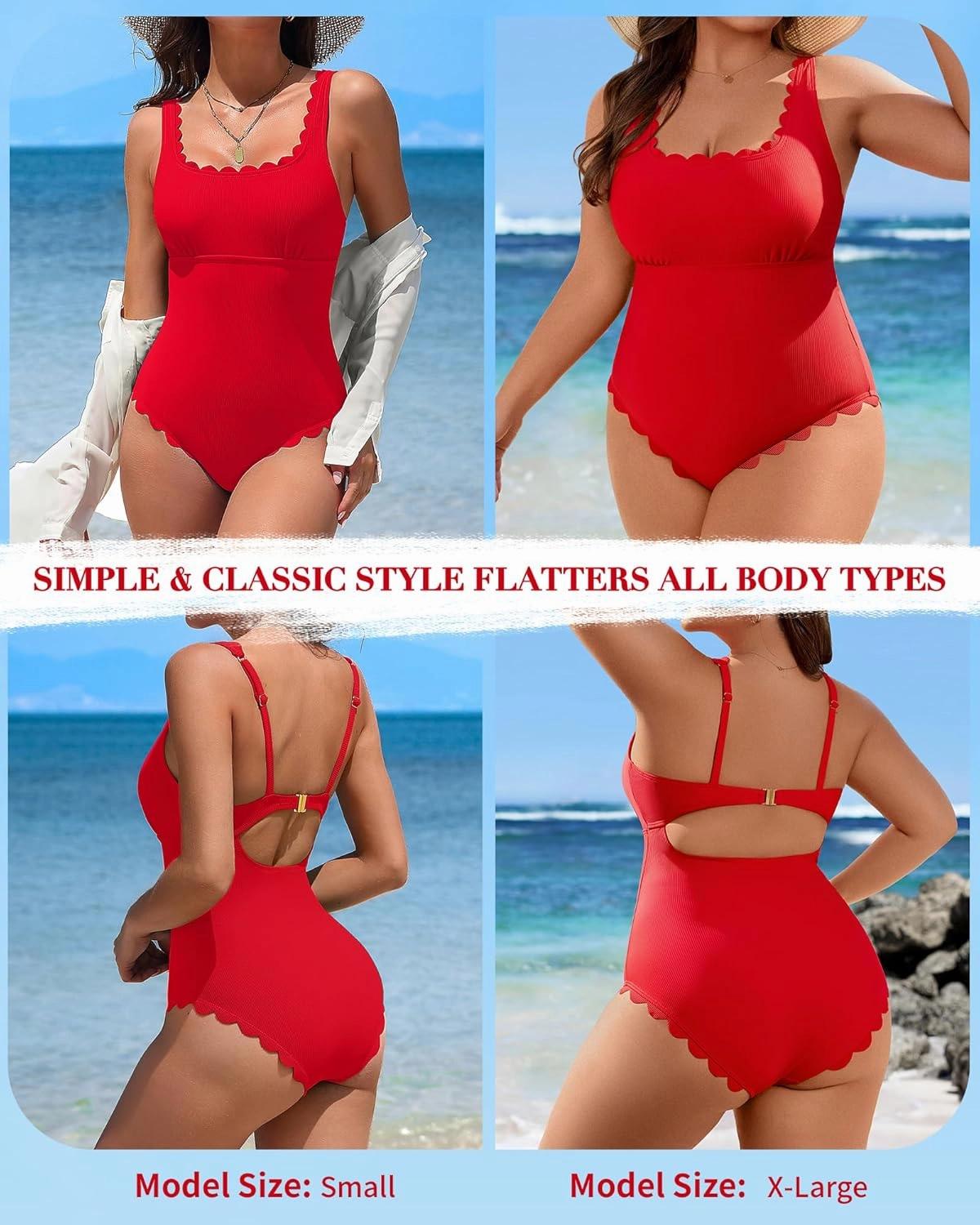 Charmo Womens Scalloped Ribbed One Piece Swimsuits Retro Square Neck Modest Bathing Suits