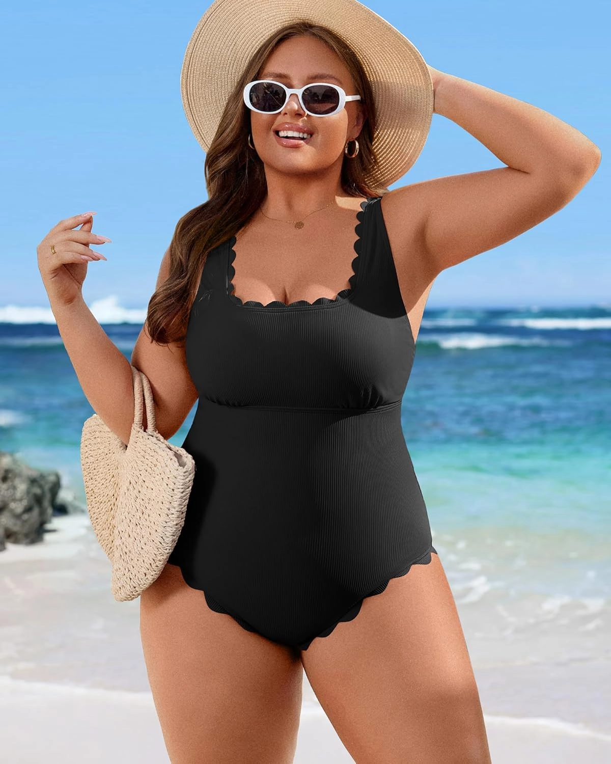 Charmo Womens Scalloped Ribbed One Piece Swimsuits Retro Square Neck Modest Bathing Suits