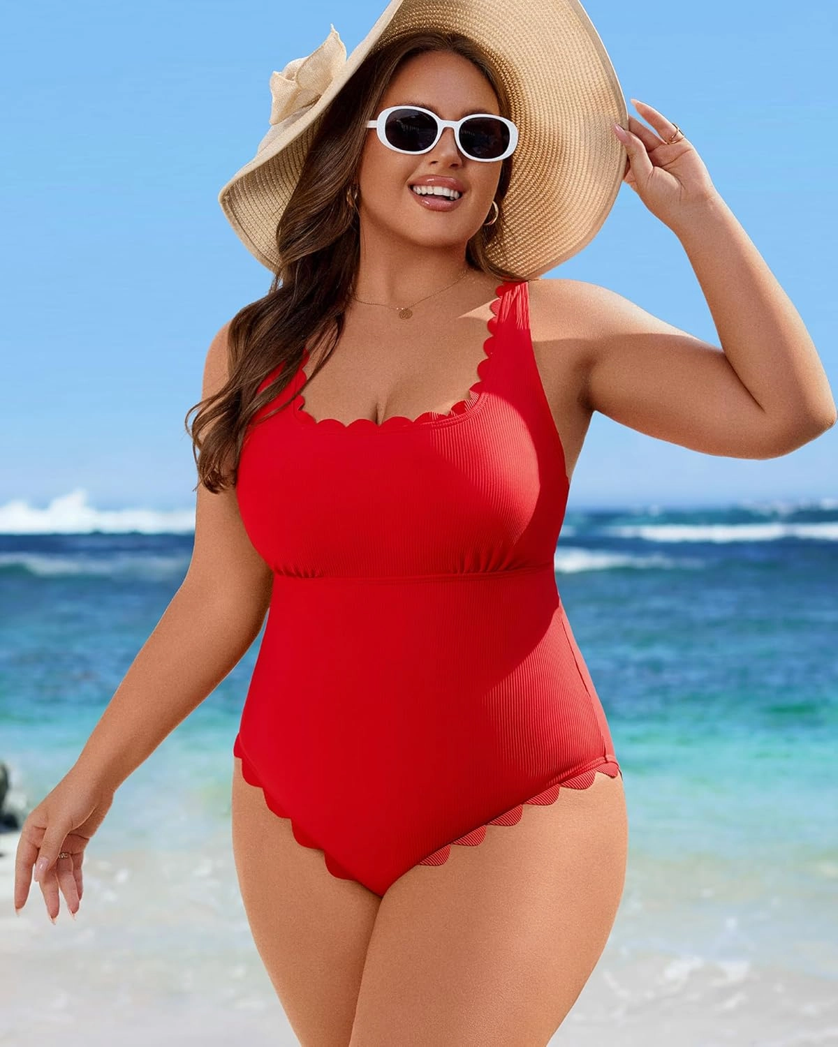 Charmo Womens Scalloped Ribbed One Piece Swimsuits Retro Square Neck Modest Bathing Suits