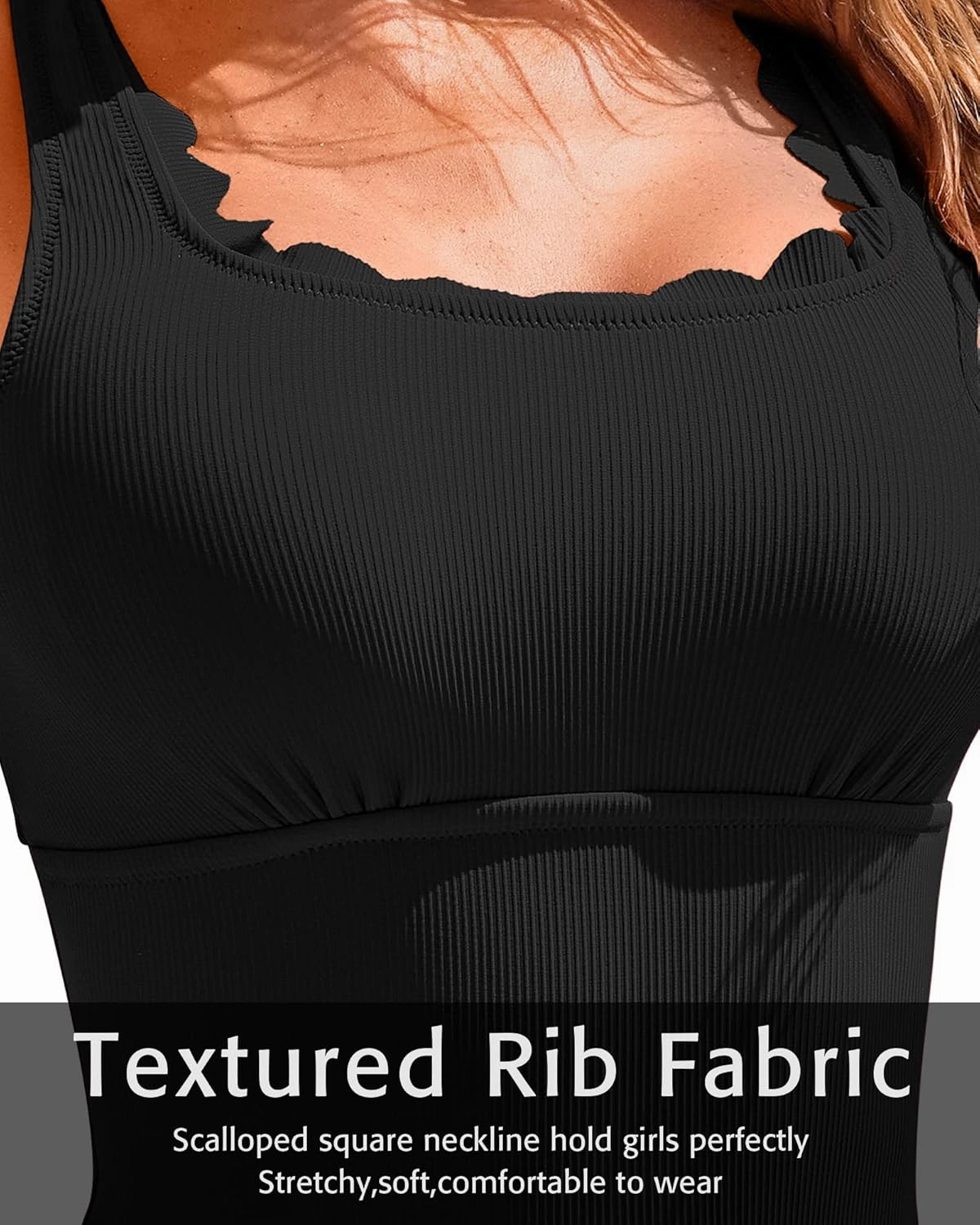 Charmo Womens Scalloped Ribbed One Piece Swimsuits Retro Square Neck Modest Bathing Suits