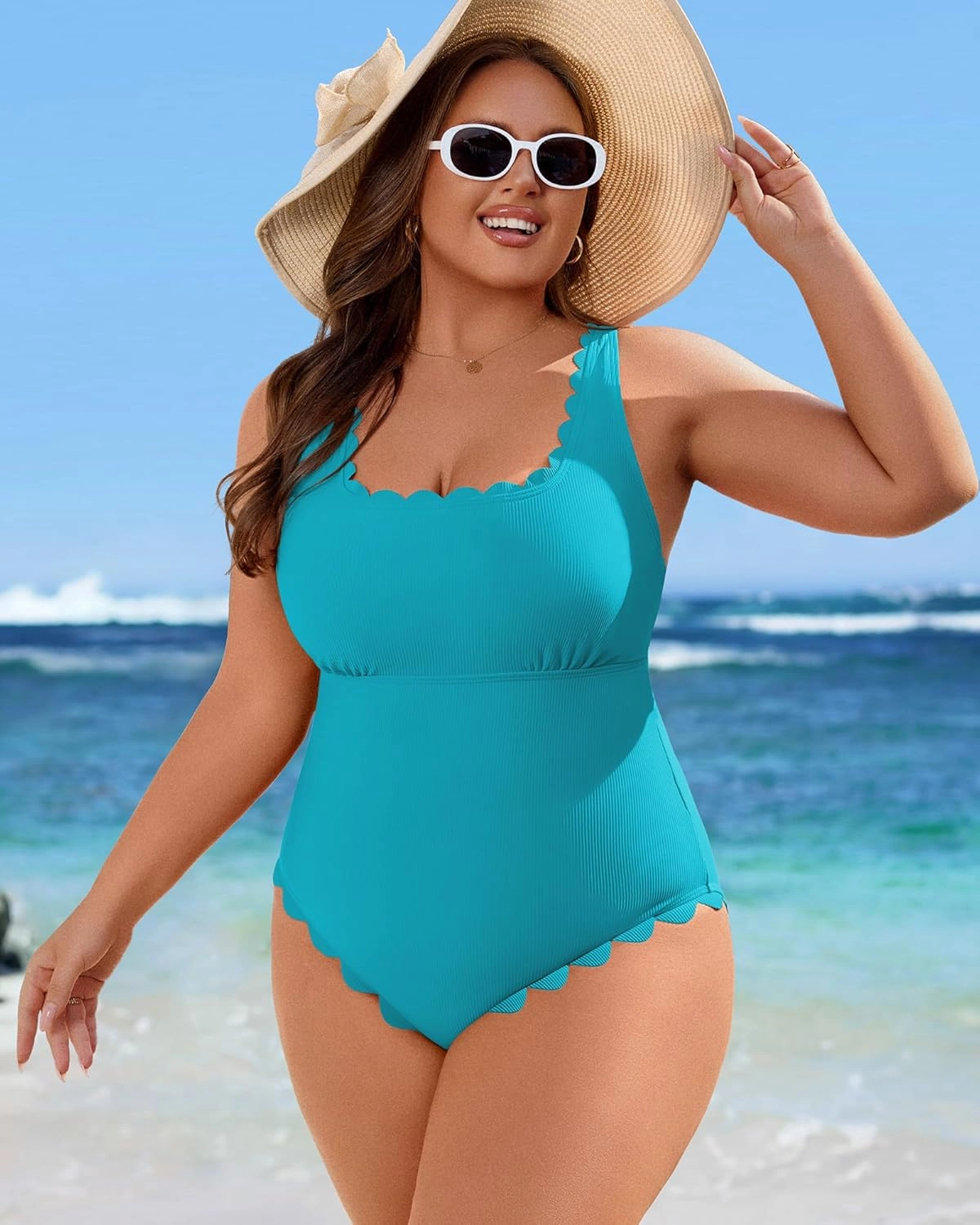 Charmo Womens Scalloped Ribbed One Piece Swimsuits Retro Square Neck Modest Bathing Suits