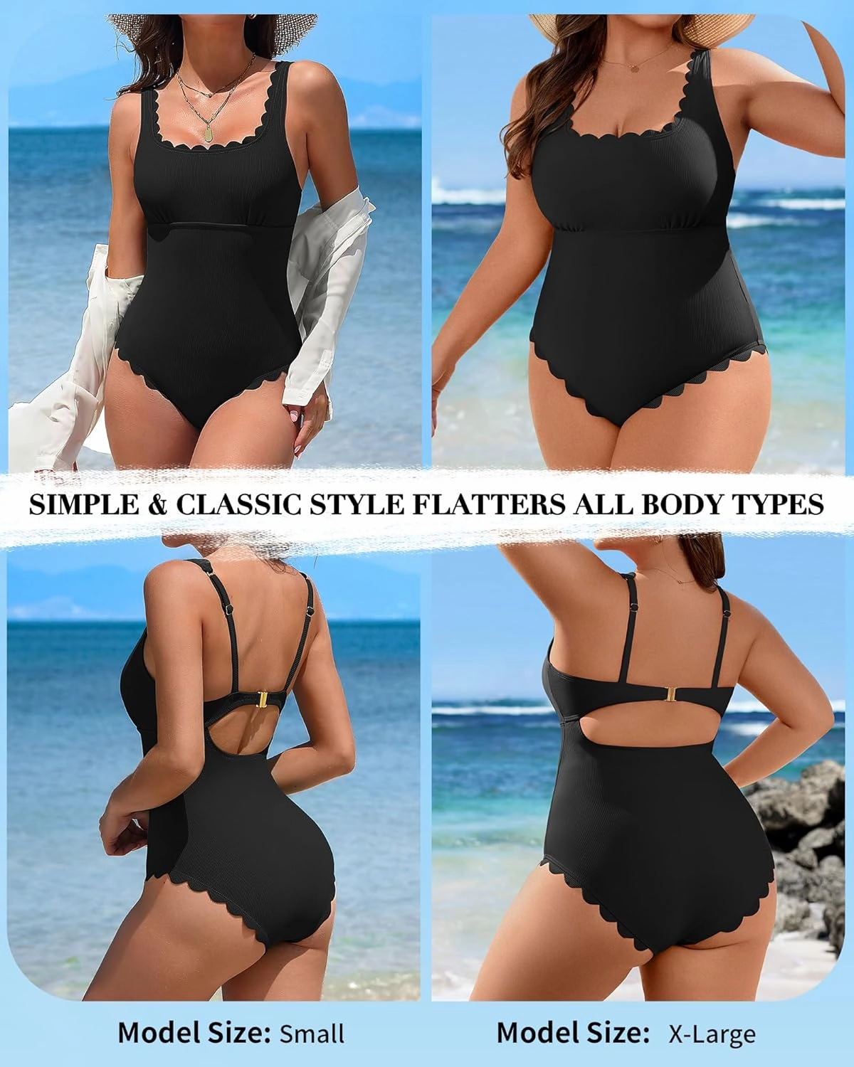 Charmo Womens Scalloped Ribbed One Piece Swimsuits Retro Square Neck Modest Bathing Suits