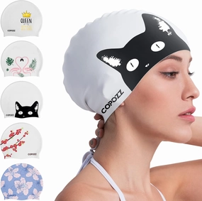 COPOZZ Adult Swim Caps, Silicone Waterproof Comfortable Swimming Cap for Women, Long and Short Hair