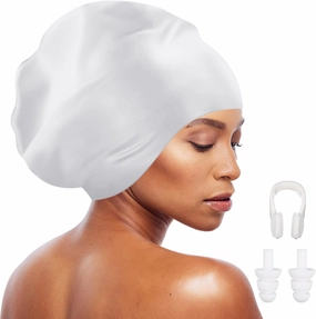 Coume Extra Large Swim Cap for Braids and Dreadlocks Waterproof Silicone Swimming Caps for Women Long Hair with Ear Plug and Nose Clip Suitable for Women Men Weaves Extensions Braids Curls
