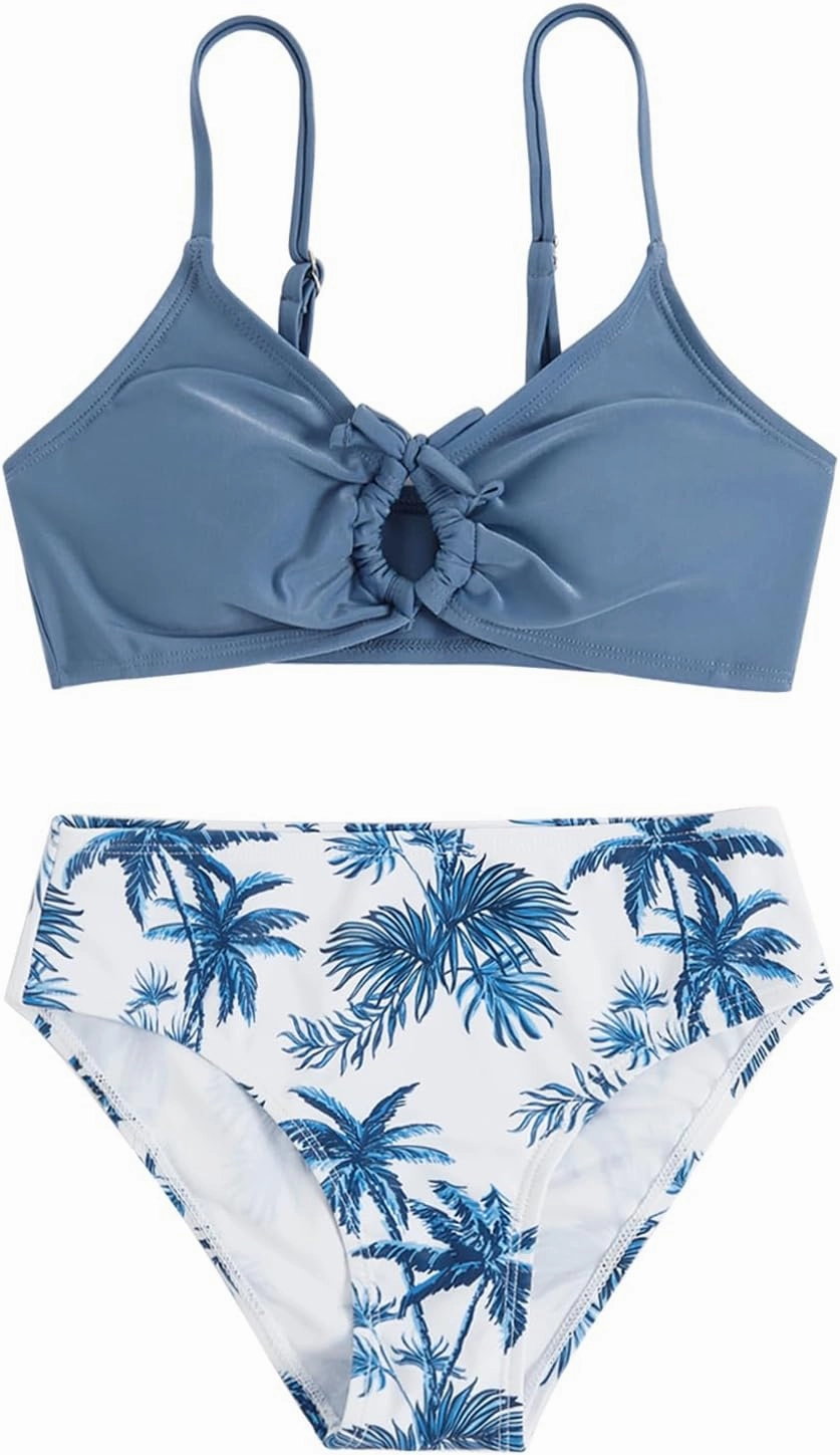 COZYEASE Girls' 2 Piece Ditsy Floral Print Knot Front Ruched Triangle Bikini Swimsuit