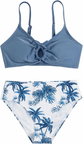 COZYEASE Girls' 2 Piece Ditsy Floral Print Knot Front Ruched Triangle Bikini Swimsuit