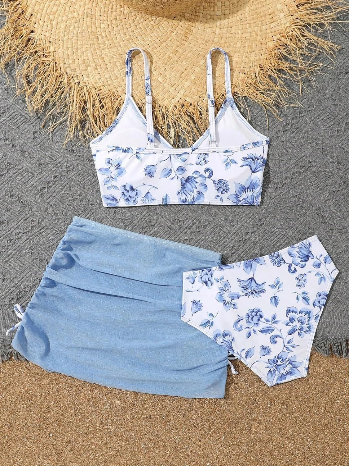 COZYEASE Girls' 3 Piece Set Floral Print Bikini Swimsuit with Drawstring Beach Skirt Cute Ruched Bathing Suit