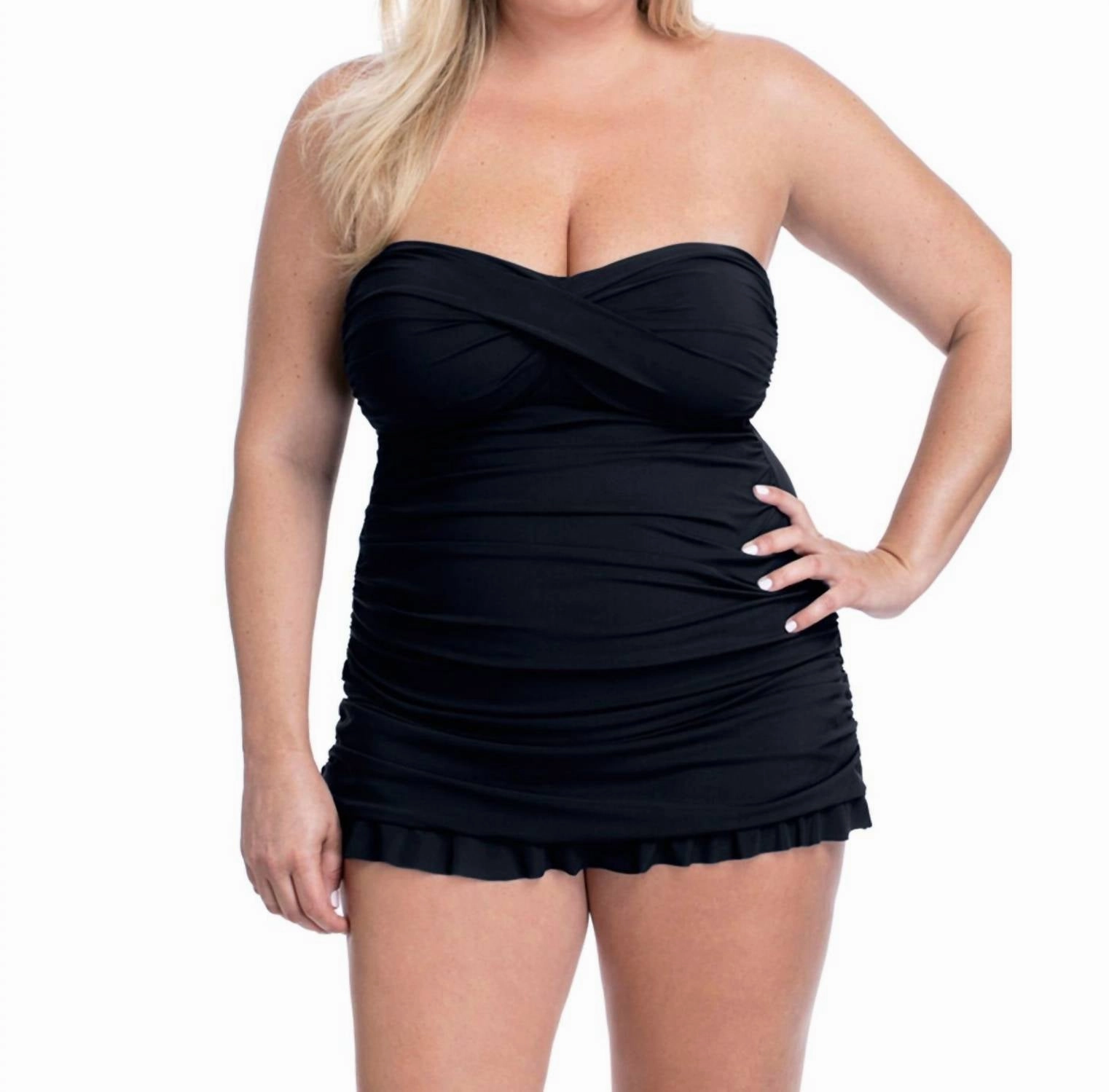 Cross Over Bandeau Strapless Swimdress In Tutti Frutti Black