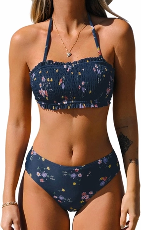 CUPSHE Bikini Set for Women Two Piece Swimsuit Bandeau Top Back Tie Mid Waisted Bottom with Removable Shoulder Straps