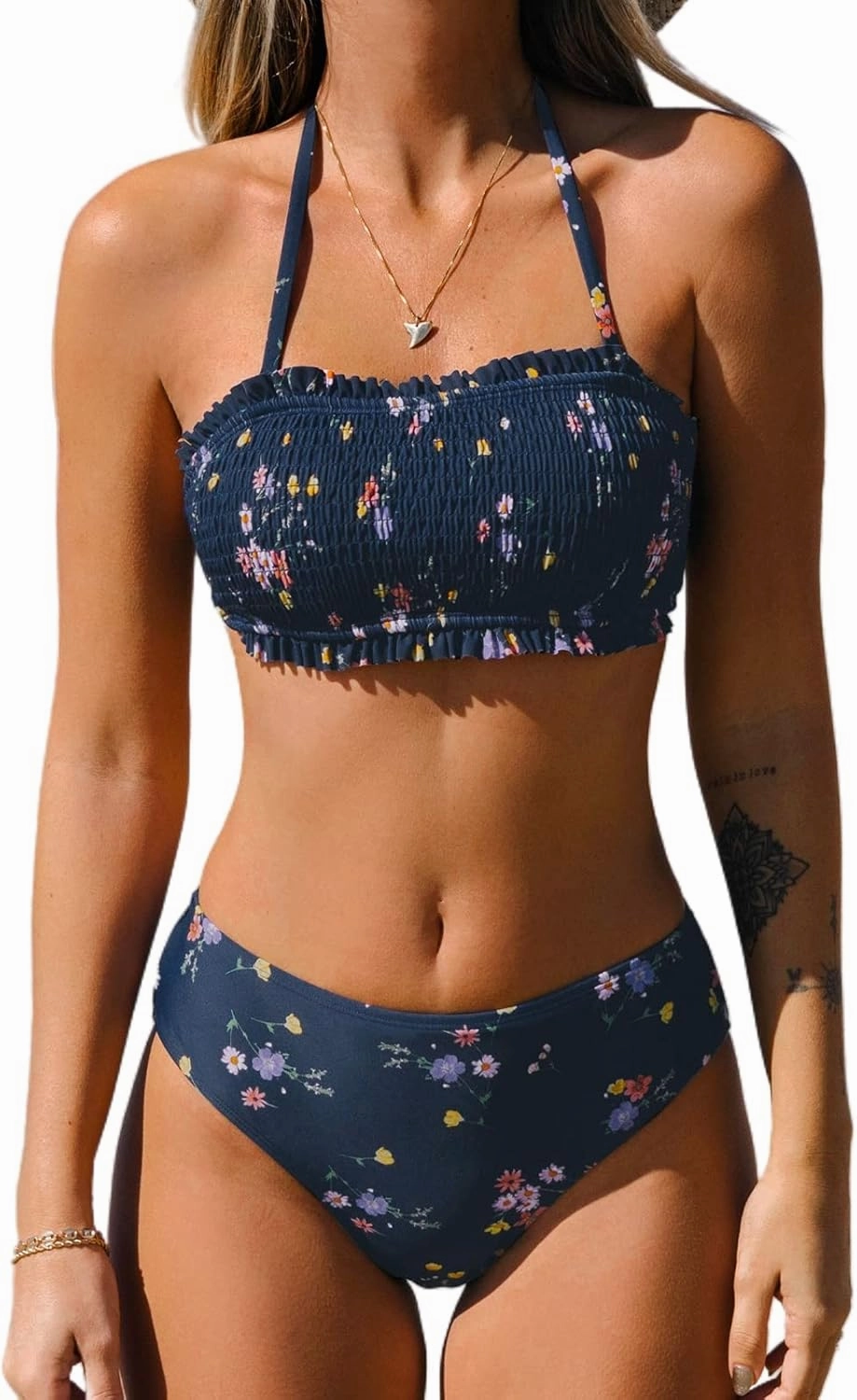 CUPSHE Bikini Set for Women Two Piece Swimsuit Bandeau Top Back Tie Mid Waisted Bottom with Removable Shoulder Straps
