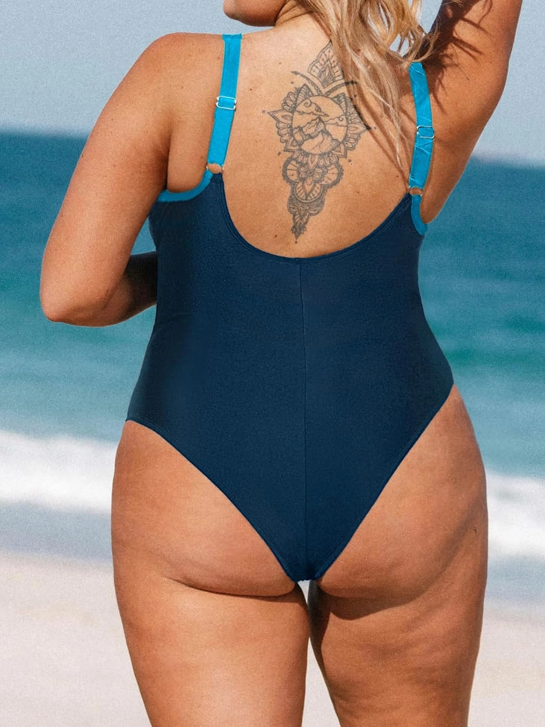 CUPSHE Women Plus Size One Piece Swimsuit V Neck Mesh Sheer Tummy Control Bathing Suit with Adjustable Wide Straps
