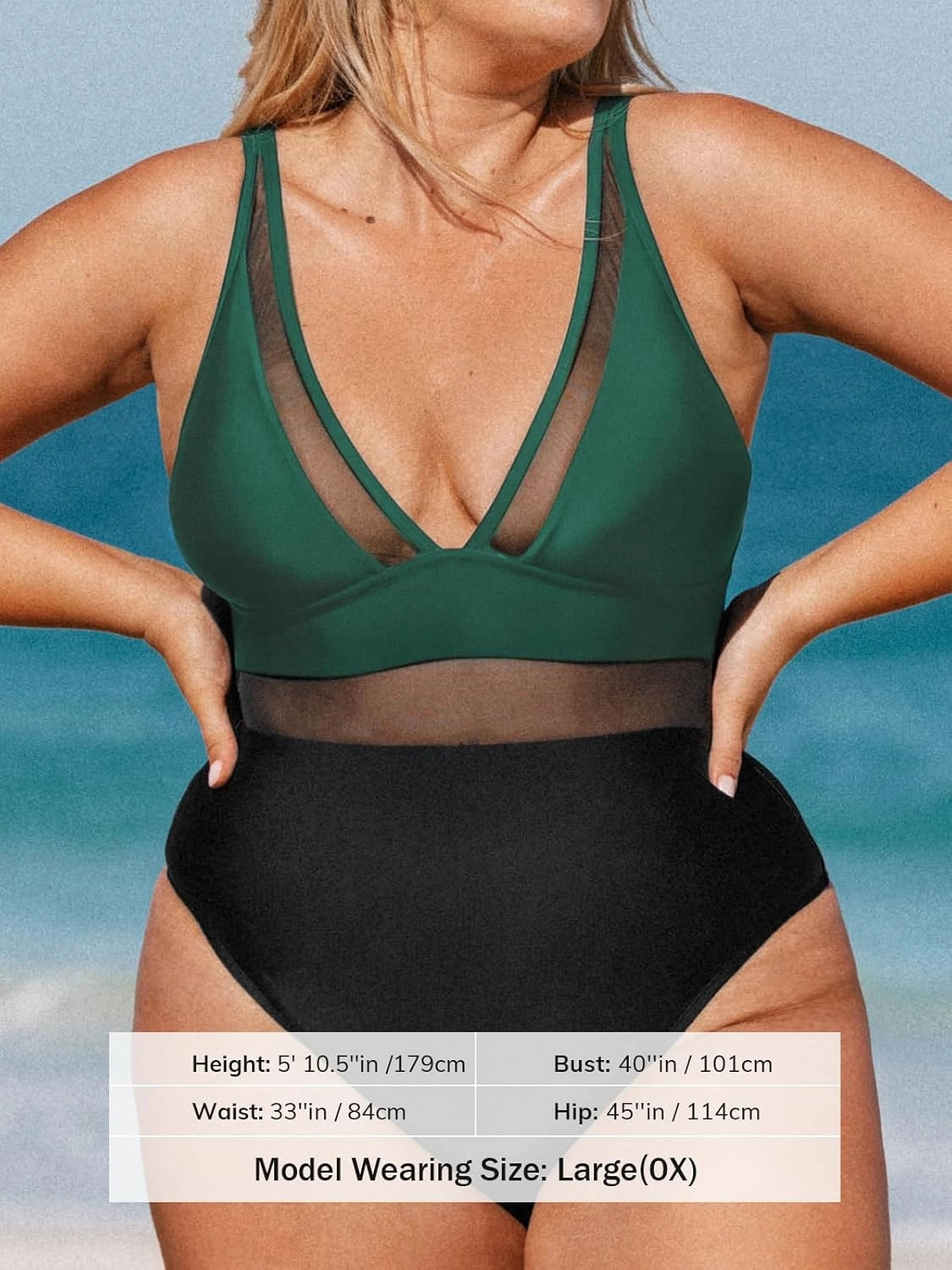 CUPSHE Women Plus Size One Piece Swimsuit V Neck Mesh Sheer Tummy Control Bathing Suit with Adjustable Wide Straps