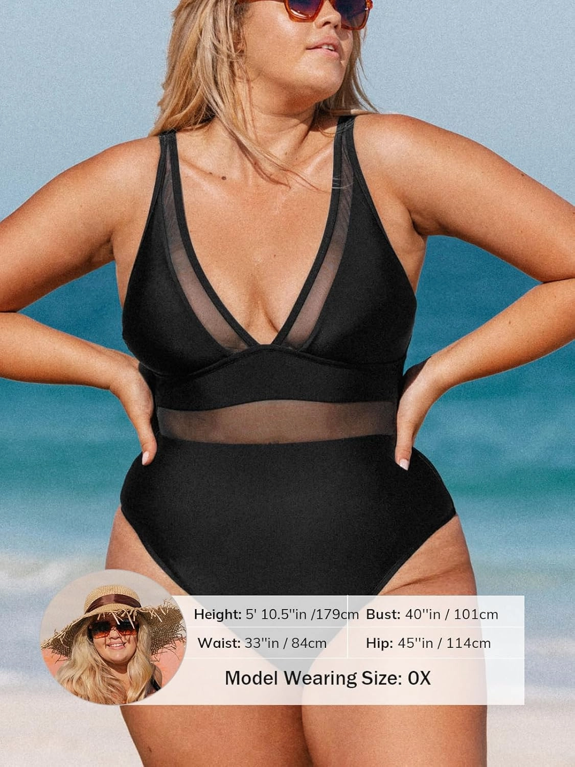 CUPSHE Women Plus Size One Piece Swimsuit V Neck Mesh Sheer Tummy Control Bathing Suit with Adjustable Wide Straps