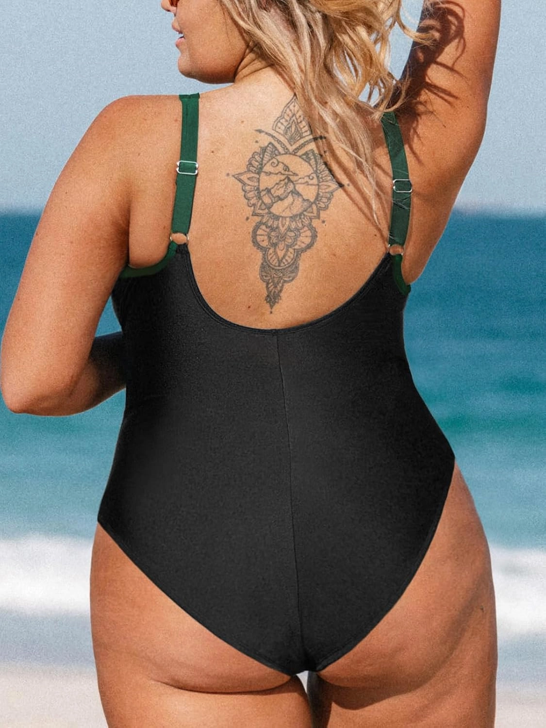 CUPSHE Women Plus Size One Piece Swimsuit V Neck Mesh Sheer Tummy Control Bathing Suit with Adjustable Wide Straps