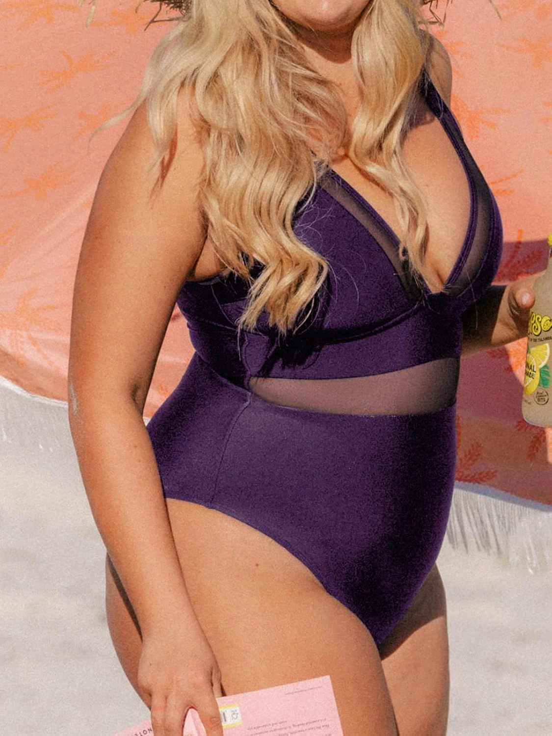 CUPSHE Women Plus Size One Piece Swimsuit V Neck Mesh Sheer Tummy Control Bathing Suit with Adjustable Wide Straps