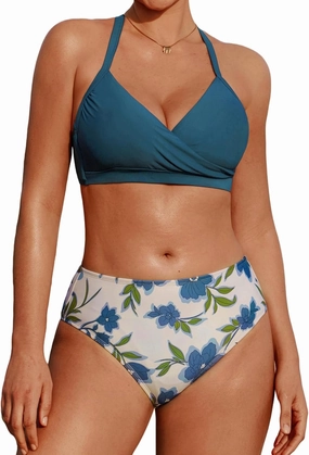 CUPSHE Women's Bikini Sets for Women Large Bust Two Piece Bathing Suit Surplice V Neck Criss Cross Mid Rise Retro
