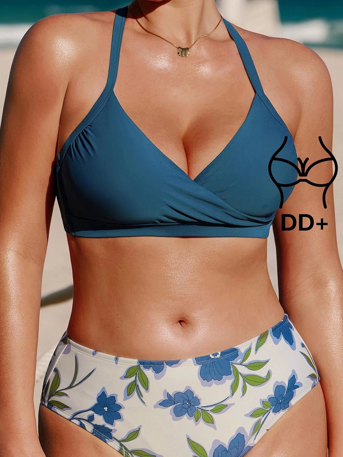 CUPSHE Women's Bikini Sets for Women Large Bust Two Piece Bathing Suit Surplice V Neck Criss Cross Mid Rise Retro
