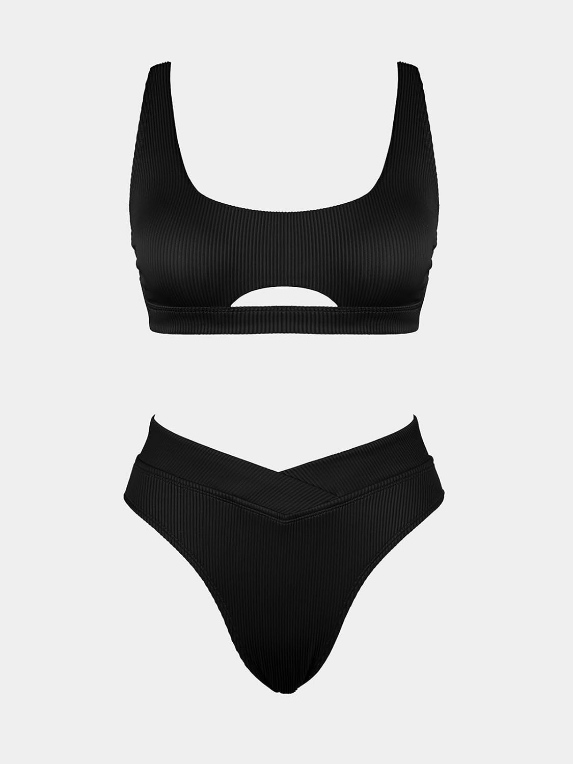 CUPSHE Women's Bikini Sets Two Piece Swimsuit High Waisted Square Neck Cutout Wide Straps Tank High Cut Cheeky Bottom