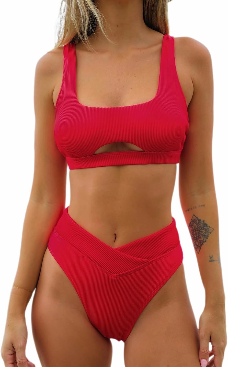 CUPSHE Women's Bikini Sets Two Piece Swimsuit High Waisted Square Neck Cutout Wide Straps Tank High Cut Cheeky Bottom