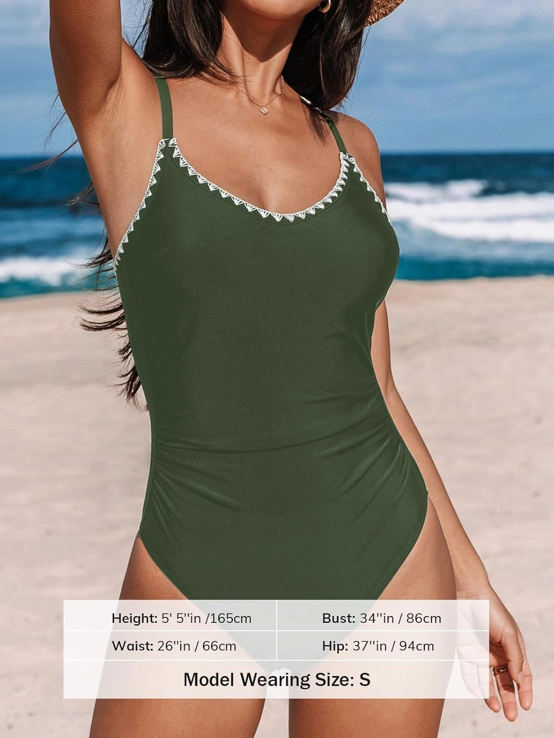CUPSHE Women's One Piece Swimsuit Bathing Suit Scoop Neck Back Tie Shell Stitch Ruched Swimwear