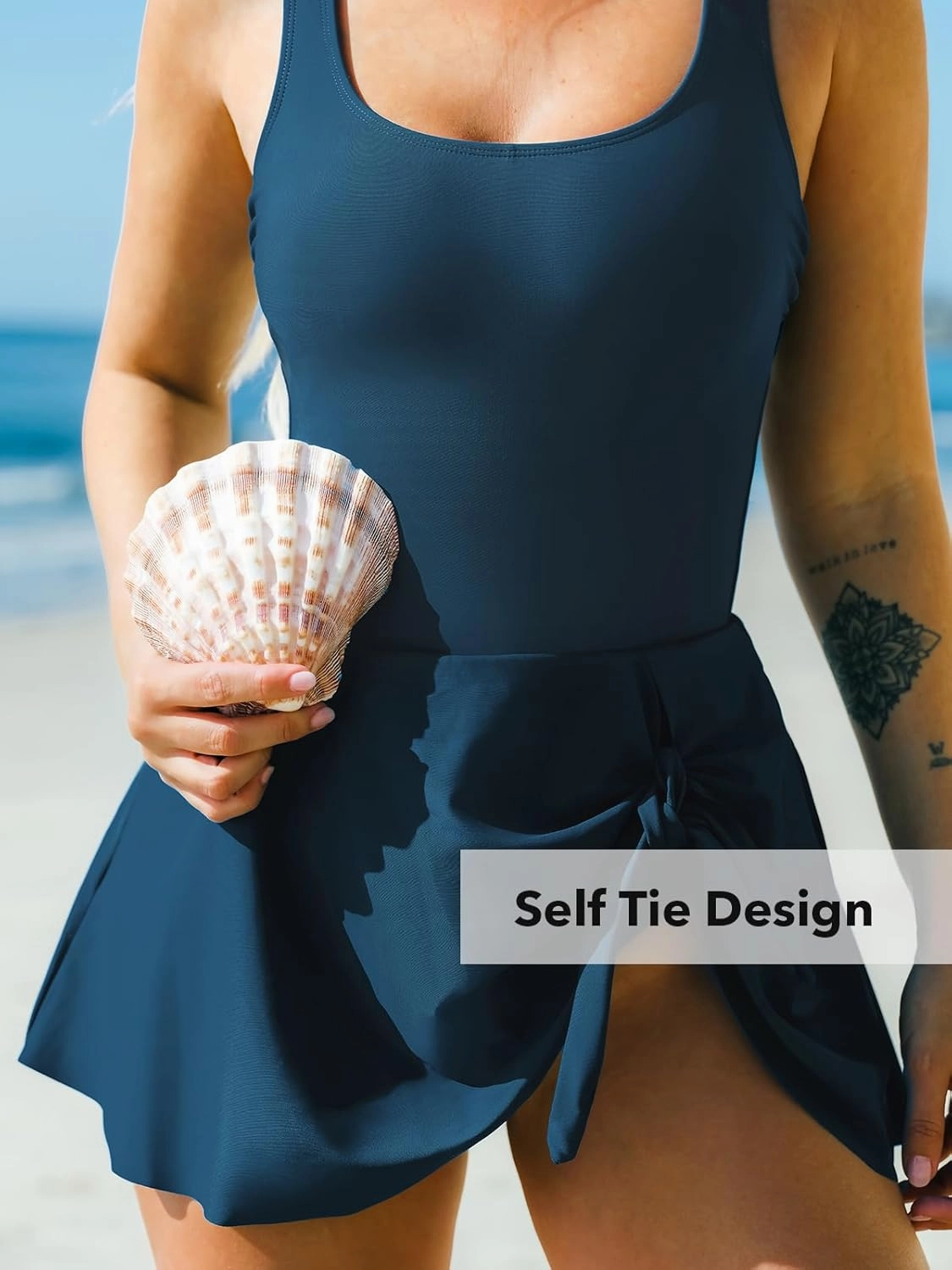 CUPSHE Women's One Piece Swimsuit Bathing Suit Scoop Neck Swimdress Wide Straps Tie Knot Swim Skirt