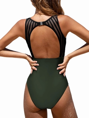 CUPSHE Women's One Piece Swimsuit Bathing Suit Tummy Control High Neck Cutout Back Hook Mesh Swimwear