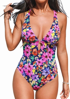 CUPSHE Women's One Piece Swimsuit Deep V Neck Keyhole Cutout O Ring Textured Bathing Suit