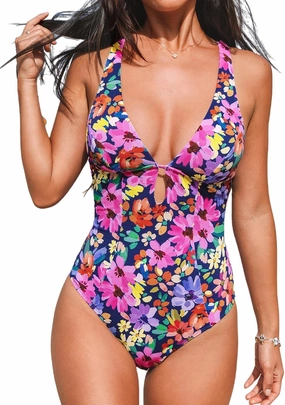 CUPSHE Women's One Piece Swimsuit Deep V Neck Keyhole Cutout O Ring Textured Bathing Suit