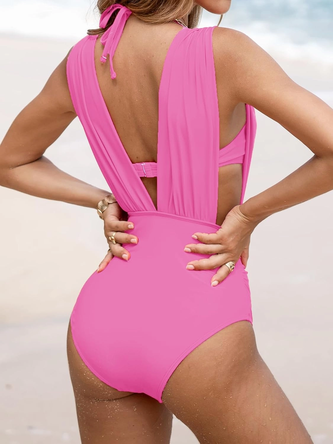 CUPSHE Women's One Piece Swimsuit Halter Plunging Neck Bathing Suit Wide Straps Underwire Ruched Back Hook
