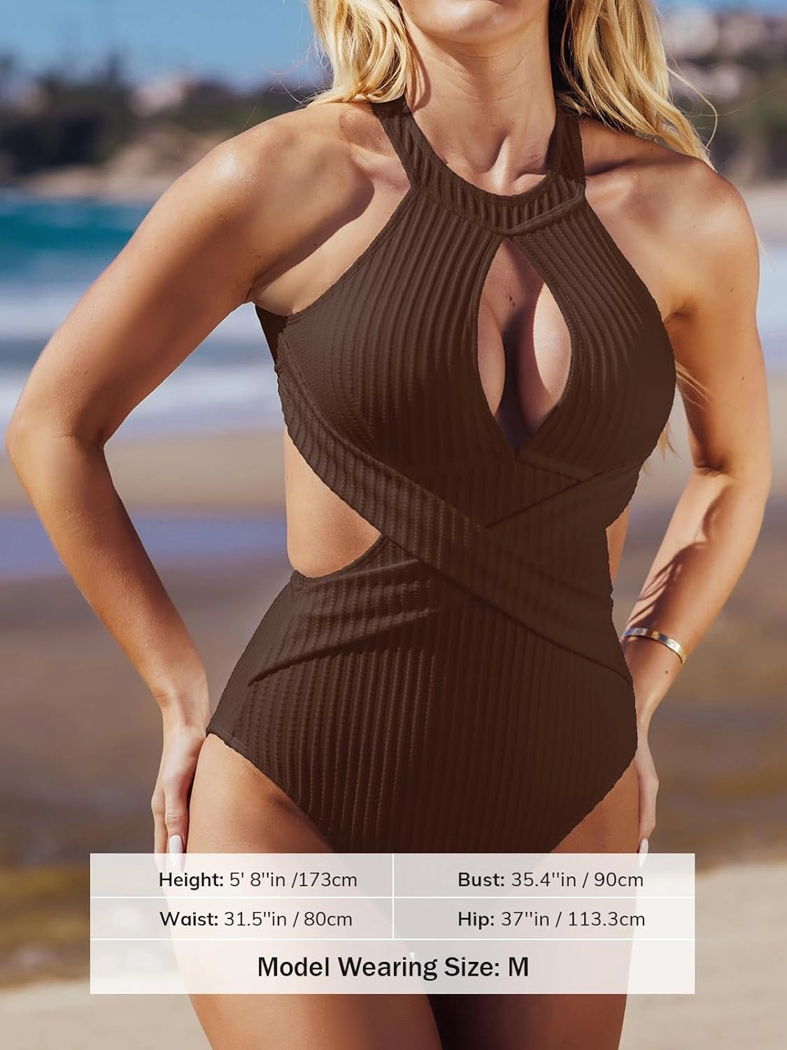 CUPSHE Women's One Piece Swimsuit High Neck Cutout Ribbed Texture Back Hook Hollow Wrapped