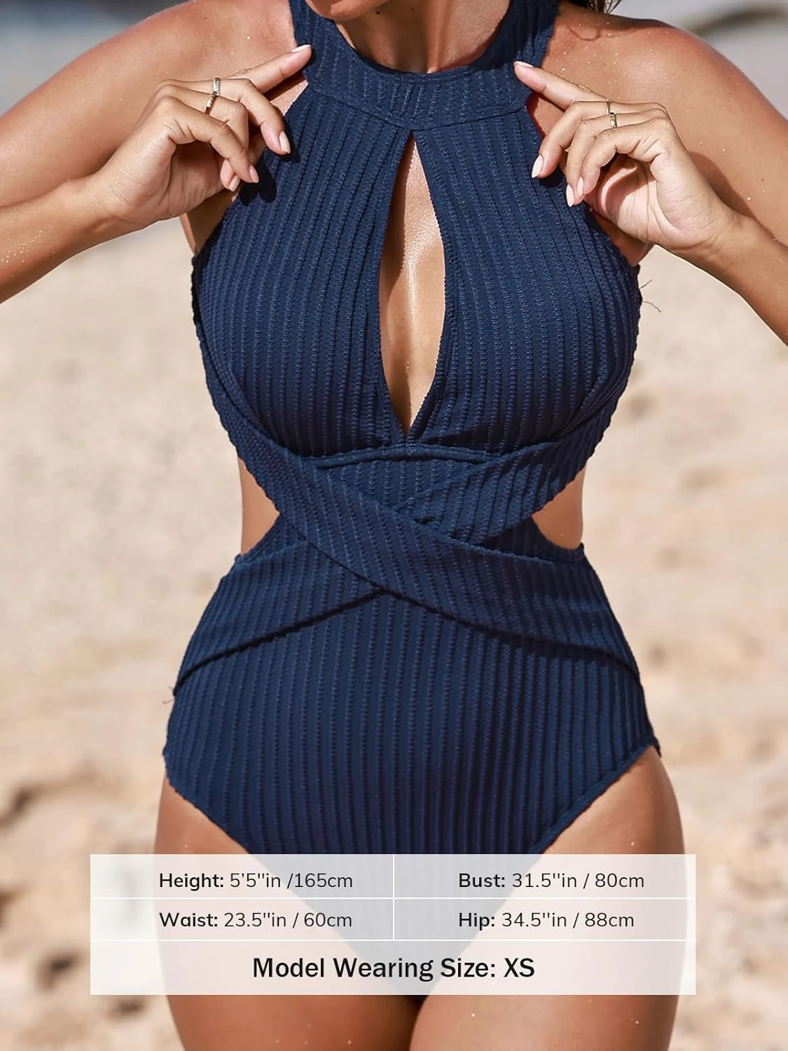 CUPSHE Women's One Piece Swimsuit High Neck Cutout Ribbed Texture Back Hook Hollow Wrapped