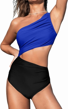 CUPSHE Women's One Piece Swimsuit One Shoulder Color Block Side Cutout Ruched Bathing Suit