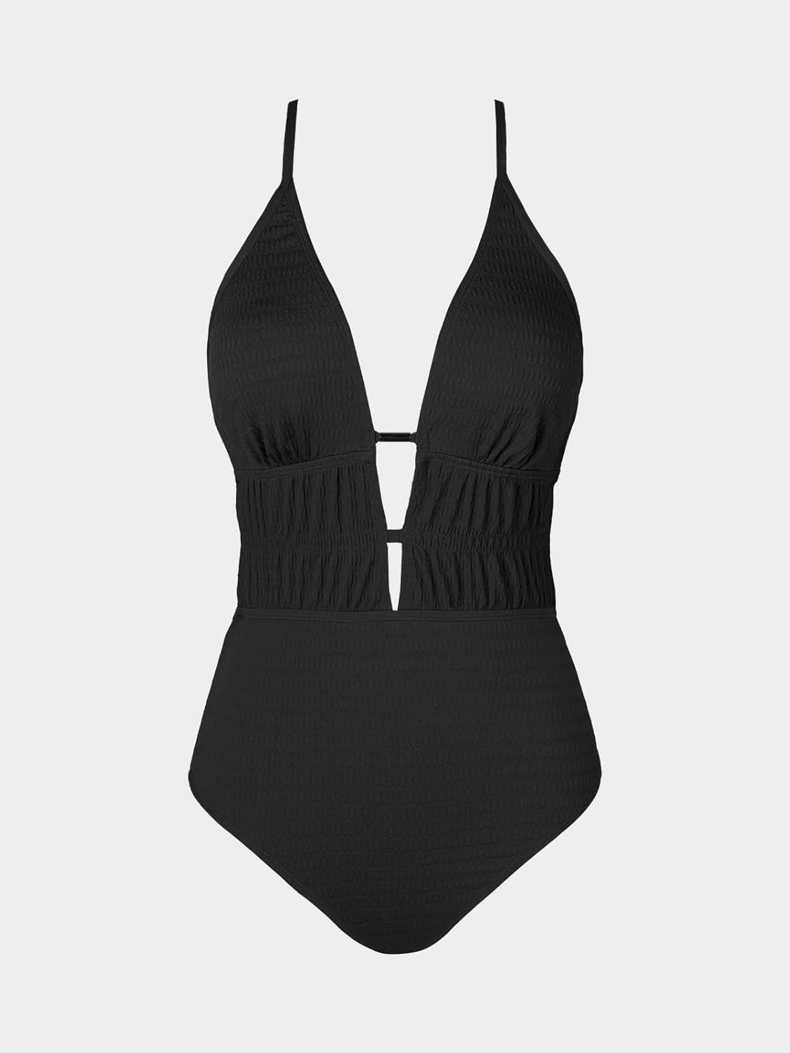 CUPSHE Women's One Piece Swimsuit Plunging Neck Cutouts Bathing Suit Textured Ruched Crisscross Back Self Tie Swimwear