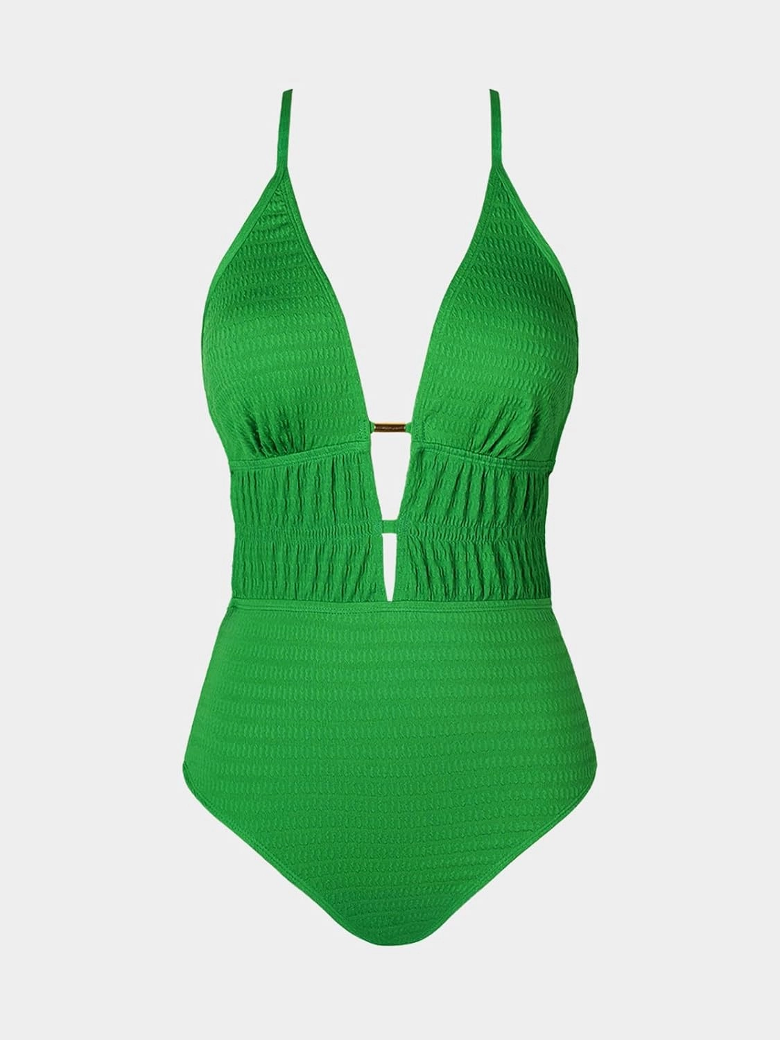 CUPSHE Women's One Piece Swimsuit Plunging Neck Cutouts Bathing Suit Textured Ruched Crisscross Back Self Tie Swimwear