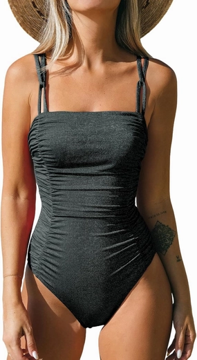 CUPSHE Women's One Piece Swimsuit Tummy Control Square Neck Bathing Suit Ruched Adjustable Straps