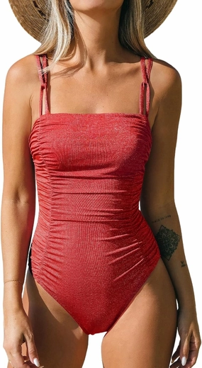 CUPSHE Women's One Piece Swimsuit Tummy Control Square Neck Bathing Suit Ruched Adjustable Straps